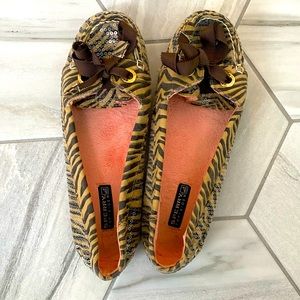 Sherry Top-slider slippers, womens 7.5, brown tiger stripe with clear sequins